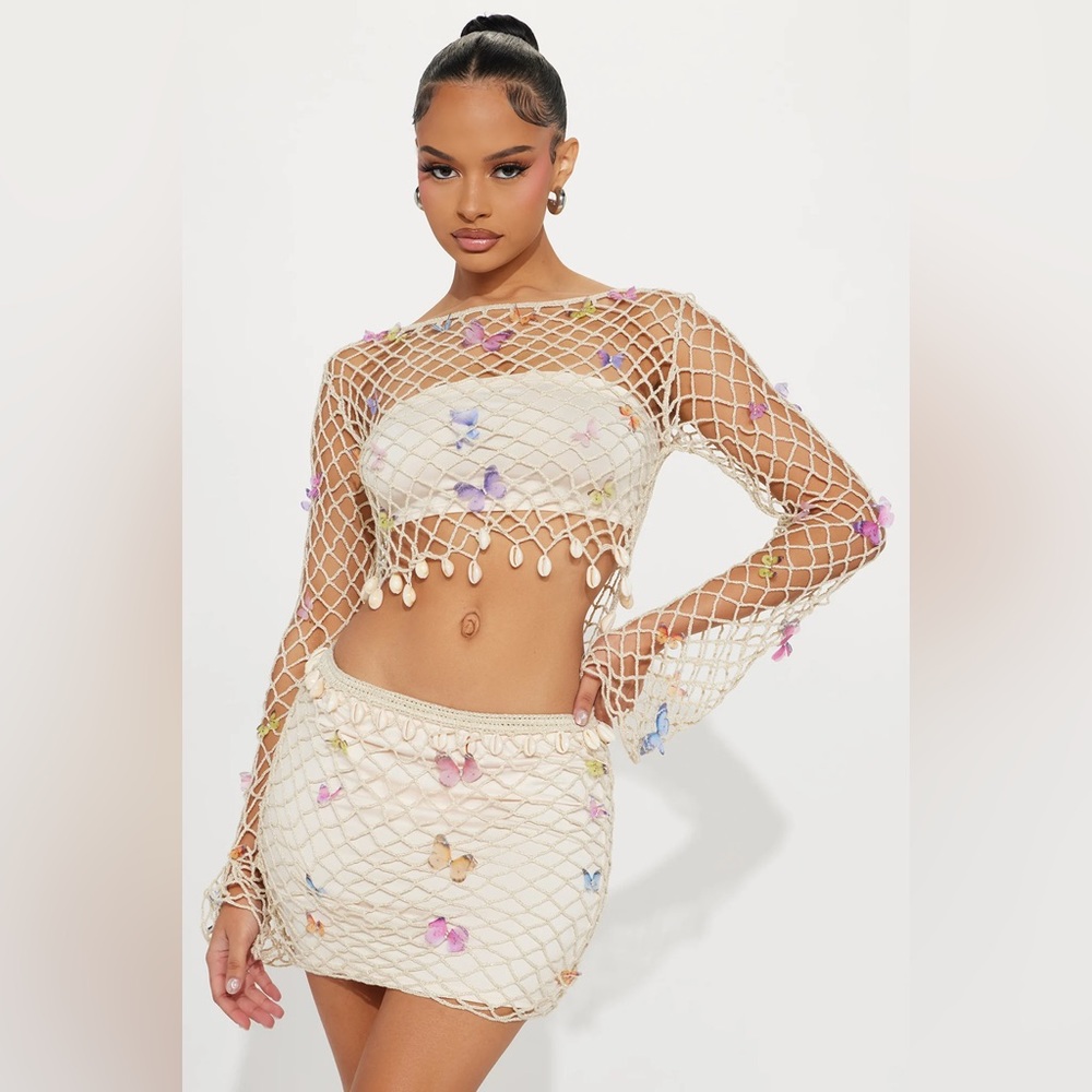 Fashion Nova Feeling Butterflies Crochet Skirt Set - Cream